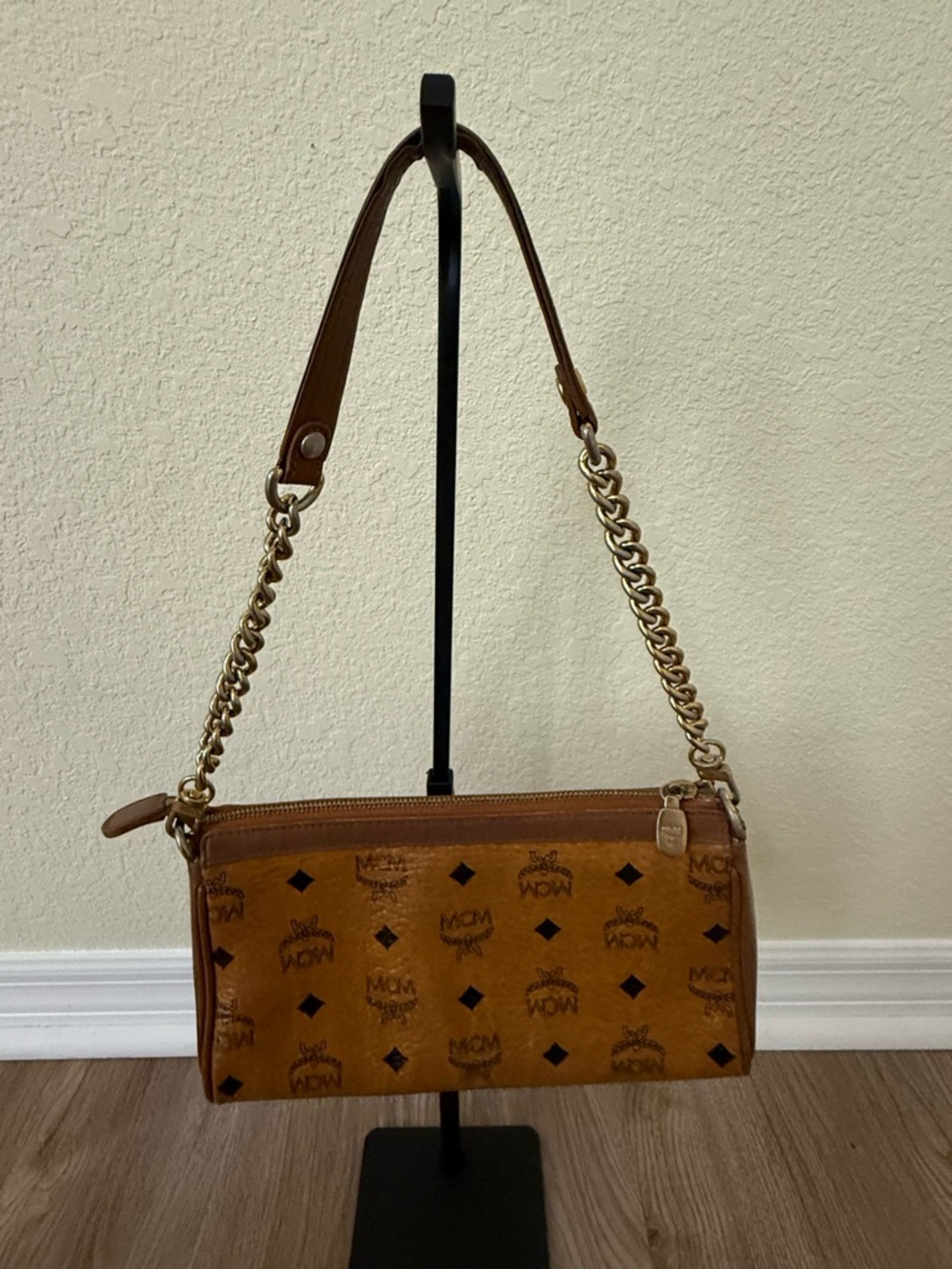 MCM Cognac Visetos Bag with Blue Stripes - Picture 4 of 15